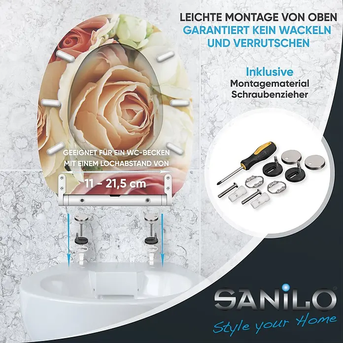 SANILO WC-Sitz Rosa Rose mit Schnellverschluss - MDF, Pink, Mit Absenkautomatik - Toilettensitz mit Blumenmuster, Top-Montage, verstellbarer Lochabstand (11-21,5 cm) und Montageset mit Schraubendreher.