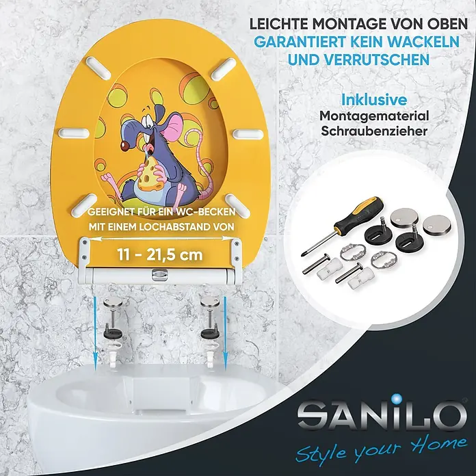 SANILO WC-Sitz Cheesy mit Schnellverschluss - MDF, Gelb, Mit Absenkautomatik - Gelber WC-Sitz mit Cartoon-Maus, von oben auf Toilette montiert. Zeigt 11-21,5 cm Lochabstand, Montagematerial und Schraubenzieher.
