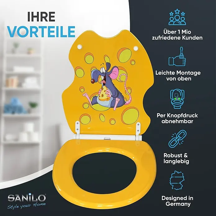 SANILO WC-Sitz Cheesy mit Schnellverschluss - MDF, Gelb, Mit Absenkautomatik - Gelber Toilettensitz mit Cartoon-Maus, die Käse auf dem Deckel isst.