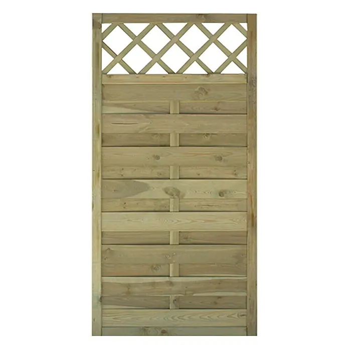 Sichtschutzelement Roma - B x H: 90 x 180 cm, Holz, Grün - Ein rechteckiges, hölzernes Gartenzaunfeld mit einem Gittermuster im oberen Bereich, das für Privatsphäre und Dekoration im Garten sorgt.