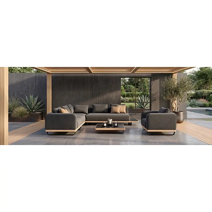 Sunfun Conjunto de muebles Cintia - 6 pzs., Aluminio/Poliéster, Antracita - Sofá modular y sillón de exterior gris oscuro con detalles de madera clara en un patio moderno.
