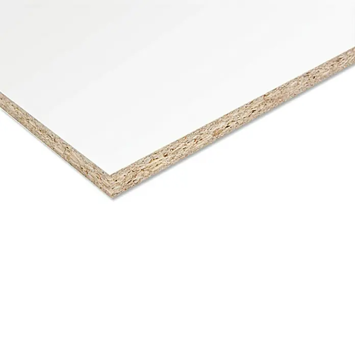 Spanplatte nach Maß - Stärke: 12 mm, L x B: 280 x 207 cm, Weiß - Nahaufnahme einer weißen, beschichteten Spanplatte, die die Textur und Zusammensetzung des Materials zeigt.