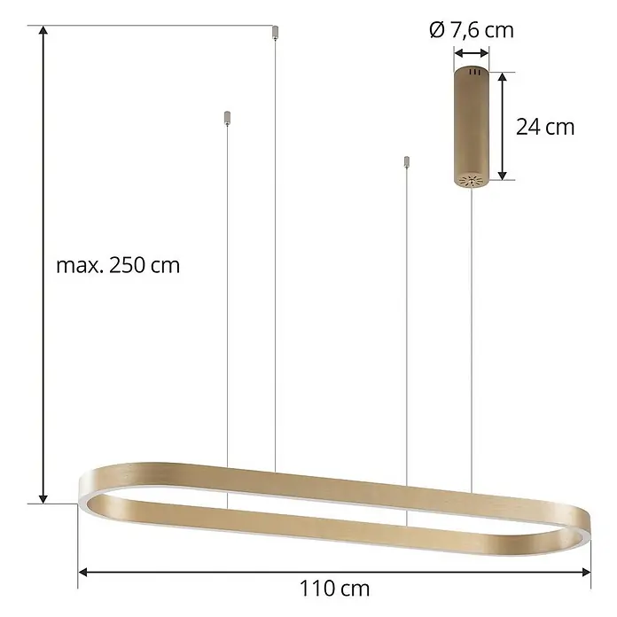 Lucande Pendelleuchte Melinay - L x B x H: 110 x 32 x 4,5 cm, messing / gold, gold - Goldene ovale LED-Pendelleuchte. 110cm Leuchte, 7,6x24cm zylindrische Abdeckung, max. 250cm Aufhängung.