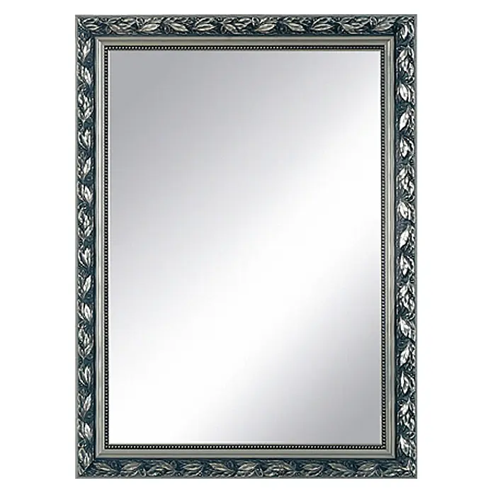 Kristall-Form Rahmenspiegel Verde - B x H: 55 x 75 cm, Silber - Ein rechteckiger Spiegel mit einem verzierten silberfarbenen Rahmen, der Blätter zeigt, die ein elegantes Design erzeugen.