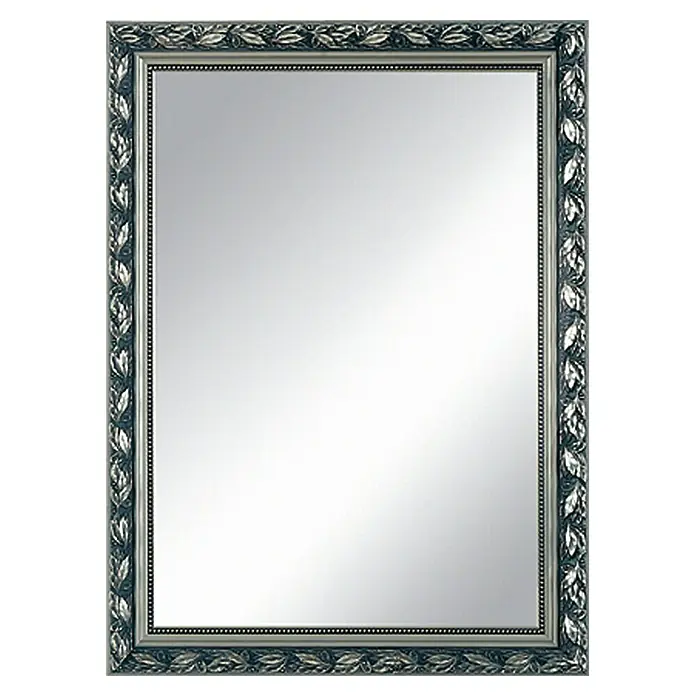 Kristall-Form Rahmenspiegel Verde - B x H: 55 x 75 cm, Silber - Ein rechteckiger Spiegel mit einem verzierten silberfarbenen Rahmen, der Blätter zeigt, die ein elegantes Design erzeugen.