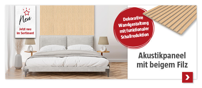 Akustikpaneel mit beigem Filz an der Wand hinter dem Bett