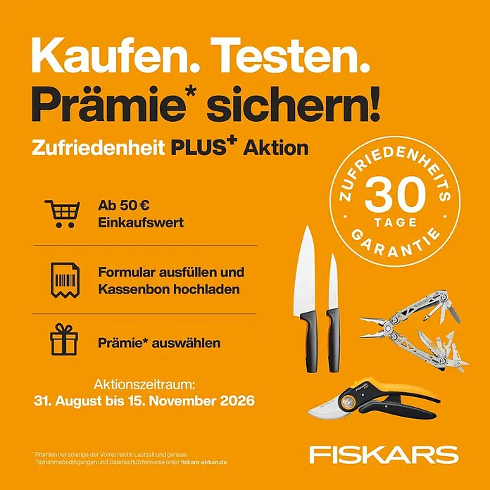 Fiskars Solid Gärtnerspaten rund - Arbeitsbreite: 18 cm, Länge: 116 cm - Fiskars Messer, ein Gerber Multitool und Gartenschere, mit Text zu einem Sonderangebot dargestellt.