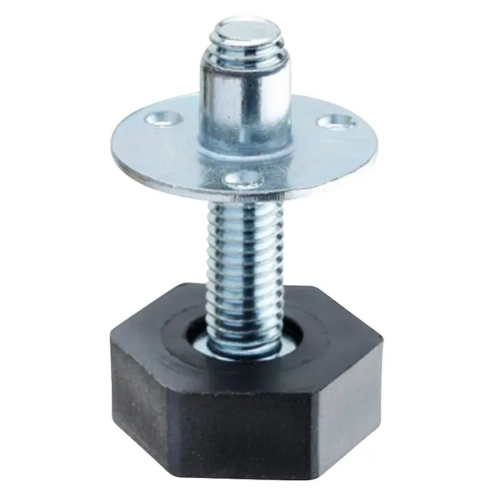 Hettich Regulierschrauben mit Mutter - Länge: 40 mm, Gewinde: M 8 - Silberner Metall-Verstellfuß mit Gewindebolzen, runder Platte und schwarzem sechseckigem Sockel für Möbel.