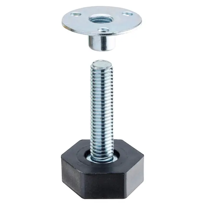 Hettich Regulierschrauben mit Mutter - Länge: 40 mm, Gewinde: M 8 - Möbelstellfuß-Komponente: silberne Metall-Einschlagmutter und Gewindestange mit schwarzem sechseckigem Kunststofffuß.