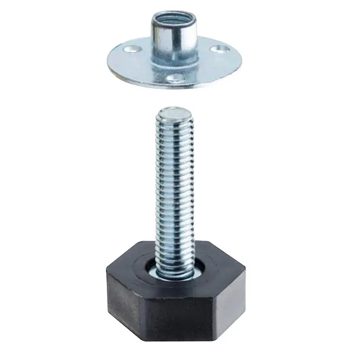 Hettich Regulierschrauben mit Mutter - Länge: 40 mm, Gewinde: M 8 - Verstellbares Möbelfuß-Nivelliererset: Gewindeeinsatz aus Metall und schwarzer sechseckiger Fuß mit Gewindebolzen.