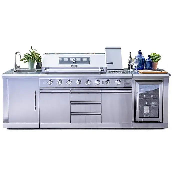 Outdoorküche Gasgrill 6 Brenner Kühlschrank Spüle Edelstahl -  - Edelstahl-Außenküche mit integriertem Grill, Spüle und Getränkekühlschrank.