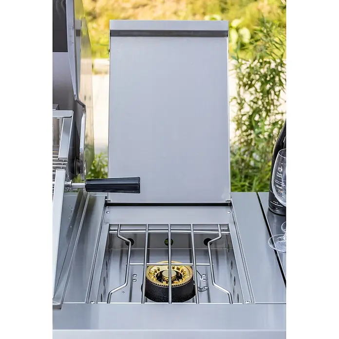 Outdoorküche Gasgrill 6 Brenner Kühlschrank Spüle Edelstahl -  - Edelstahl-Seitenbrenner mit Messingbrenner, Kochrosten und schwarzem Griff. Deckel ist offen.