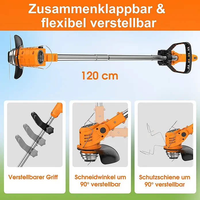 OUTIGO Akku-Rasentrimmer - 1,5 Ah, Li-Ionen, 2 Akkus, Schnittbreite Messer: 23 cm, Schnittbreite Faden: 23 cm - Ein orange-silberner, faltbarer Grastrimmer, 120 cm lang, mit verstellbarem Griff, 90° Schneidwinkel und Schutzschiene.