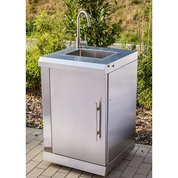 Outdoorküche Gasgrill 6 Brenner Kühlschrank Spüle Edelstahl -  - Edelstahl-Außenwaschbecken mit integriertem Wasserhahn und Schrank.