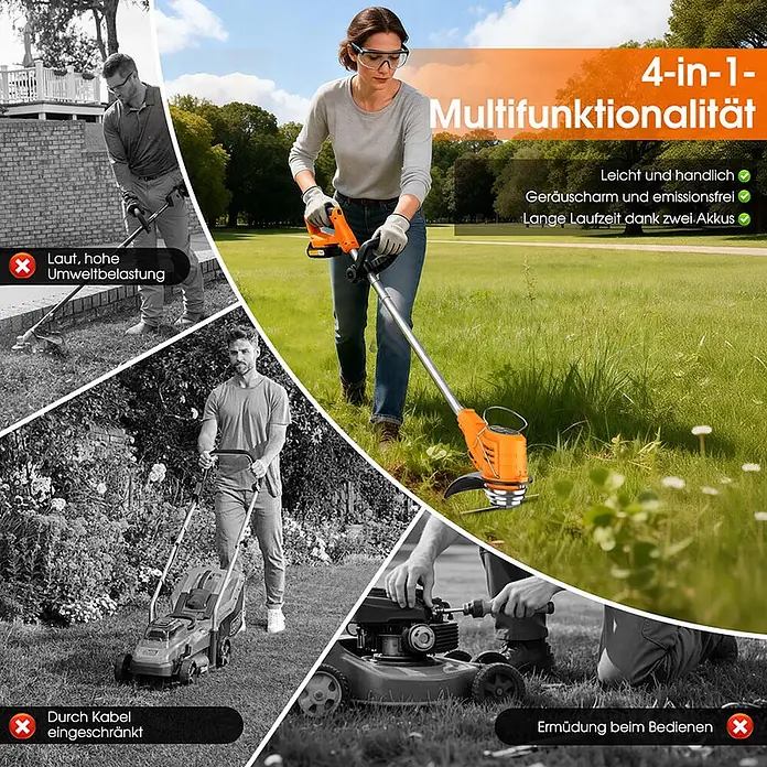 OUTIGO Akku-Rasentrimmer - 1,5 Ah, Li-Ionen, 2 Akkus, Schnittbreite Messer: 23 cm, Schnittbreite Faden: 23 cm - Frau nutzt orangefarbenes, kabelloses 4-in-1 Multifunktionsgerät zum Rasentrimmen, das leicht, leise und emissionsfrei ist.