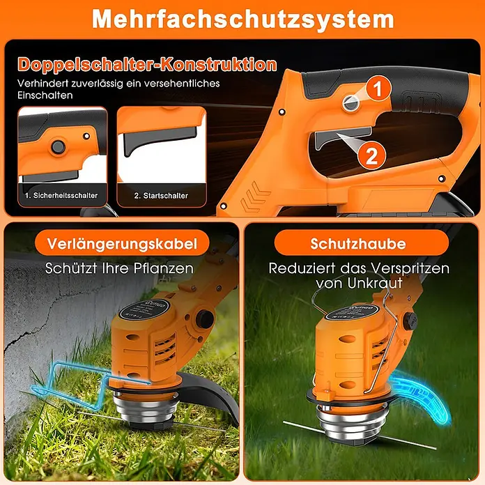 OUTIGO Akku-Rasentrimmer - 1,5 Ah, Li-Ionen, 2 Akkus, Schnittbreite Messer: 23 cm, Schnittbreite Faden: 23 cm - Oranger Elektro-Rasentrimmer mit Doppelschalter, Pflanzenschutzbügel und Spritzschutzhaube.