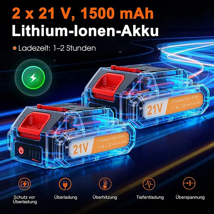 OUTIGO Akku-Rasentrimmer - 1,5 Ah, Li-Ionen, 2 Akkus, Schnittbreite Messer: 23 cm, Schnittbreite Faden: 23 cm - Zwei 21V, 1500mAh Lithium-Ionen-Akkus. Merkmale: 1-2 Stunden Ladezeit und Sicherheitsschutz.