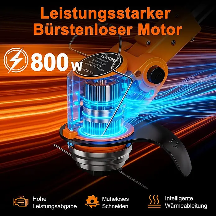 OUTIGO Akku-Rasentrimmer - 1,5 Ah, Li-Ionen, 2 Akkus, Schnittbreite Messer: 23 cm, Schnittbreite Faden: 23 cm - Oranger/schwarzer Motorsense-Kopf mit leuchtendem 800W bürstenlosem Motor, für kraftvolles, müheloses Schneiden.