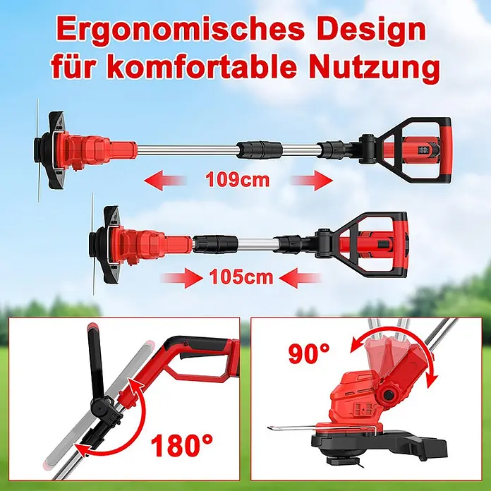 OUTIGO Akku-Rasentrimmer - 1,5 Ah, Li-Ionen, 2 Akkus, Schnittbreite Messer: 23 cm, Schnittbreite Faden: 23 cm - Roter und schwarzer Akku-Rasentrimmer mit verstellbarer Schaftlänge (105-109cm), 180° drehbarem Griff und 90° neigbarem Schneidkopf.