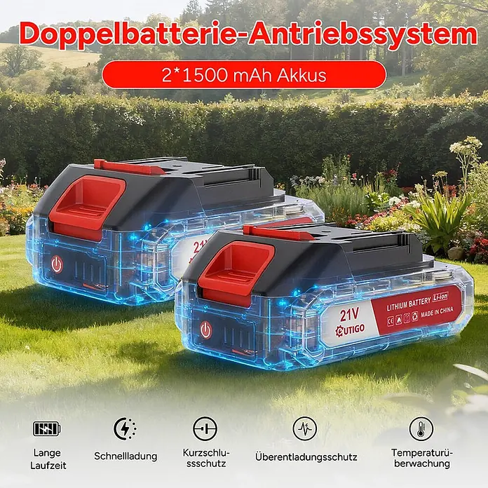 OUTIGO Akku-Rasentrimmer - 1,5 Ah, Li-Ionen, 2 Akkus, Schnittbreite Messer: 23 cm, Schnittbreite Faden: 23 cm - Zwei transparente, schwarze 21V 1500mAh CUTIGO Lithium-Ionen-Akkus mit roten Akzenten, im Garten gezeigt.
