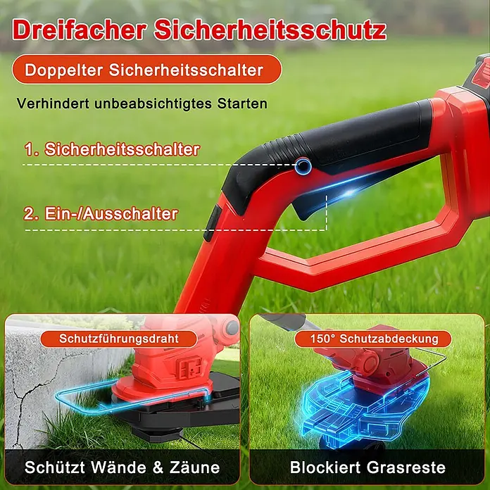 OUTIGO Akku-Rasentrimmer - 1,5 Ah, Li-Ionen, 2 Akkus, Schnittbreite Messer: 23 cm, Schnittbreite Faden: 23 cm - Roter und schwarzer Rasentrimmer mit doppelten Sicherheitsschaltern, Schutzführungsdraht und 150° Schutzabdeckung.