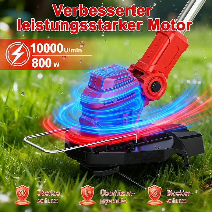 OUTIGO Akku-Rasentrimmer - 1,5 Ah, Li-Ionen, 2 Akkus, Schnittbreite Messer: 23 cm, Schnittbreite Faden: 23 cm - Roter und schwarzer Elektromotor für einen Rasentrimmer, leuchtend mit blauem und rotem Licht, mit 800W, 10000 U/min und Sicherheitsschutzfunktionen.
