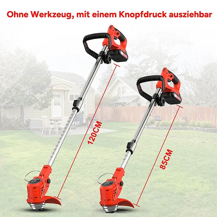 OUTIGO Akku-Rasentrimmer - 1,5 Ah, Li-Ionen, 2 Akkus, Schnittbreite Messer: 23 cm, Schnittbreite Faden: 23 cm - Zwei rote und silberne Akku-Rasentrimmer in einem Garten, ausziehbar von 85 cm auf 120 cm, werkzeuglos verstellbar.