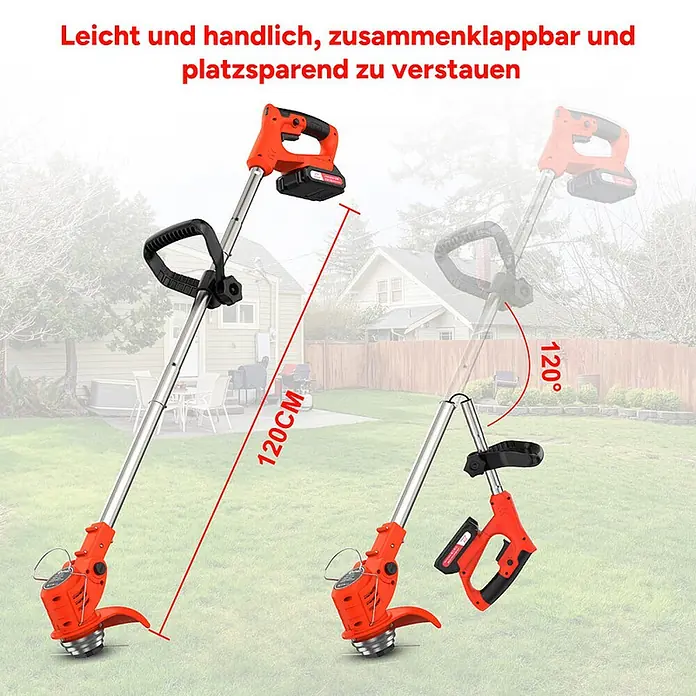 OUTIGO Akku-Rasentrimmer - 1,5 Ah, Li-Ionen, 2 Akkus, Schnittbreite Messer: 23 cm, Schnittbreite Faden: 23 cm - Ein orange-silberner Akku-Rasentrimmer, ausgeklappt 120cm lang und 120 Grad zusammenklappbar zur platzsparenden Aufbewahrung.