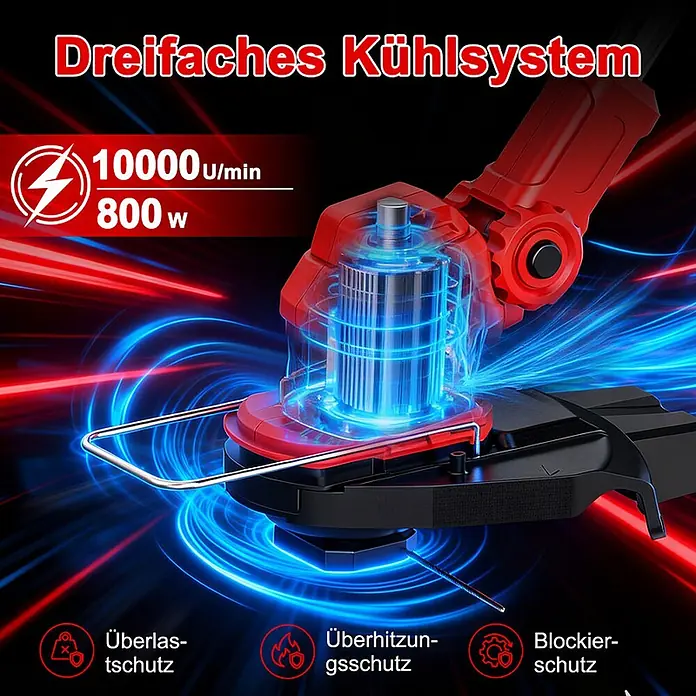 OUTIGO Akku-Rasentrimmer - 1,5 Ah, Li-Ionen, 1 Akku, Schnittbreite Messer: 23 cm, Schnittbreite Faden: 23 cm - Rotes und schwarzes Elektrowerkzeug mit leuchtendem Innenmotor, dreifachem Kühlsystem, 10000 U/min, 800 W und Schutzfunktionen.