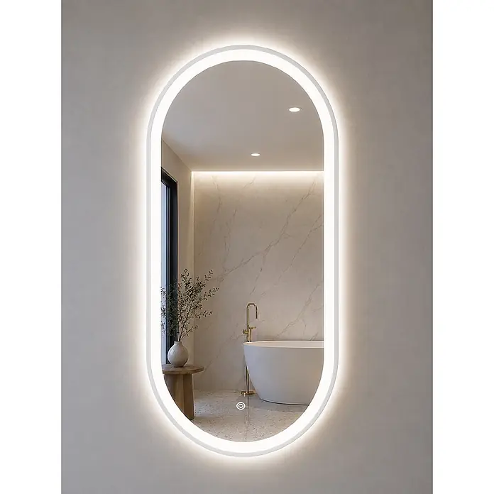 Cordia Lichtspiegel - 50 x 100 cm, Weiß - Ovaler LED-Spiegel mit beleuchtetem Rand und Touch-Schalter, der ein modernes Badezimmer widerspiegelt.