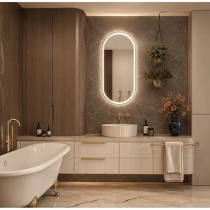 Cordia Lichtspiegel - 50 x 100 cm, Gold - Modernes Bad mit cremefarbener geriffelter Waschtischplatte, weißer gerippter Waschschale, Goldarmaturen und ovalem LED-Spiegel an dunkler Marmorwand.
