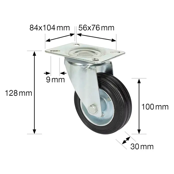 Wagner System Transportgeräte-Lenkrolle RO 6104 - Traglast: 70 kg, Rollenlager, Mit Platte, Durchmesser Rolle: 100 mm - Lenkrolle aus verzinktem Metall mit schwarzem Gummirad und detaillierten Maßen für Montageplatte, Raddurchmesser und Gesamthöhe.