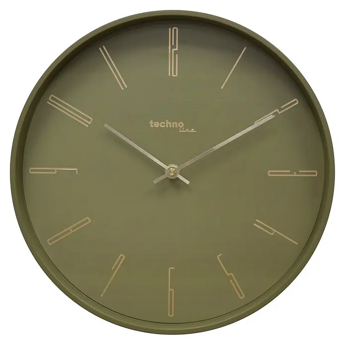 Technoline Wanduhr WT 2700 - Durchmesser: 30 cm, Grün - Runde, olivgrüne Wanduhr mit goldfarbenen Zeigern und minimalistischen Markierungen.