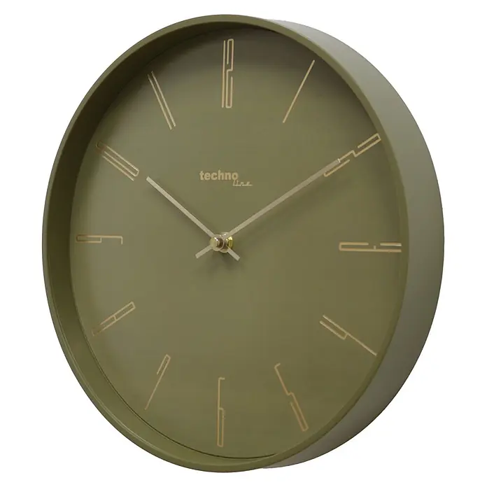 Technoline Wanduhr WT 2700 - Durchmesser: 30 cm, Grün - Runde olivgrüne Wanduhr mit goldfarbenen Zeigern und minimalistischen Stundenmarkierungen der Marke "techno line".