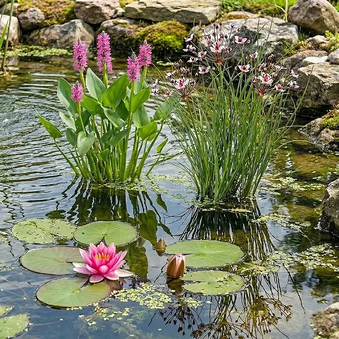 Vdvelde Seerose - Nymphaea Pink Opal - Lebhafte rosa Seerosen, Hechtkraut und Schwanenblumen gedeihen in einem klaren Gartenteich und schaffen eine wunderschöne Wasserkulisse.