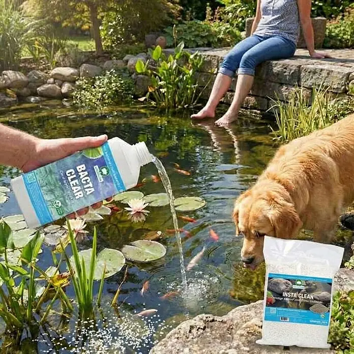 Vdvelde Wasserpflanzen-Mix - Pflanzenmischung, 116 Stk. - BACTA CLEAR Flüssigkeit wird in einen Gartenteich mit Fischen, Seerosen und einem Hund gegossen; INSTA CLEAN Granulat ist daneben sichtbar.