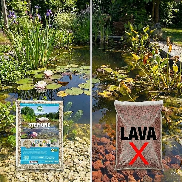 Vdvelde Wasserpflanzen-Mix - Pflanzenmischung, 43 Stk. - Zwei Teichszenen zeigen Substratvergleich. Links: Helles 'STEP ONE' Granulat in klarem Teich. Rechts: Rotes 'LAVA' Granulat mit X in trübem Teich.