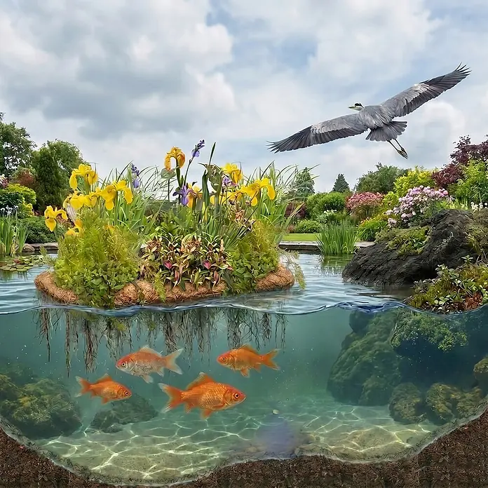 Vdvelde Wasserpflanzen-Mix - Butomus umbellatus, 1 Stk. - Detaillierter Querschnitt eines Gartenteichs mit Goldfischen, schwimmender Irisinsel und fliegendem Reiher.