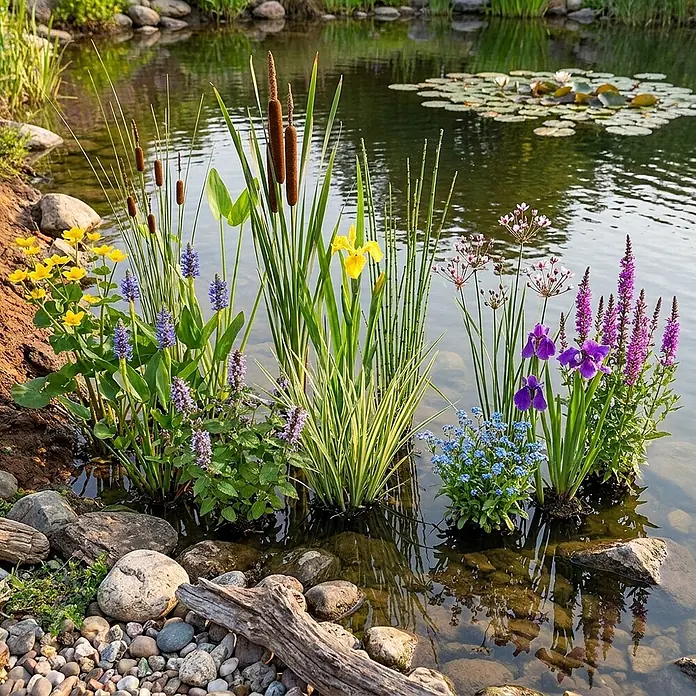 Vdvelde Wasserpflanzen-Mix - Pflanzenmischung, 12 Stk. - Lebendige Wasserpflanzen mit bunten Blüten in einem klaren Teich, bereichern einen natürlichen Wassergarten.