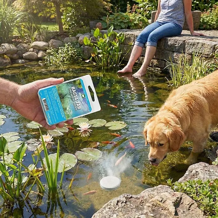Vdvelde Wasserpflanzen-Mix - Pflanzenmischung, 24 Stk. - BACTA TAB Packung über Gartenteich gehalten, wo eine weiße Tablette zur Wasserklärung sprudelt, nahe Fischen, Person und Hund.