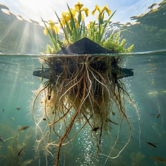 Vdvelde Wasserpflanzen-Mix - Butomus umbellatus, 1 Stk. - Schwarze schwimmende Pflanzeninsel mit gelben Iris, ihre Wurzeln unter Wasser sichtbar, umgeben von Wassertieren.