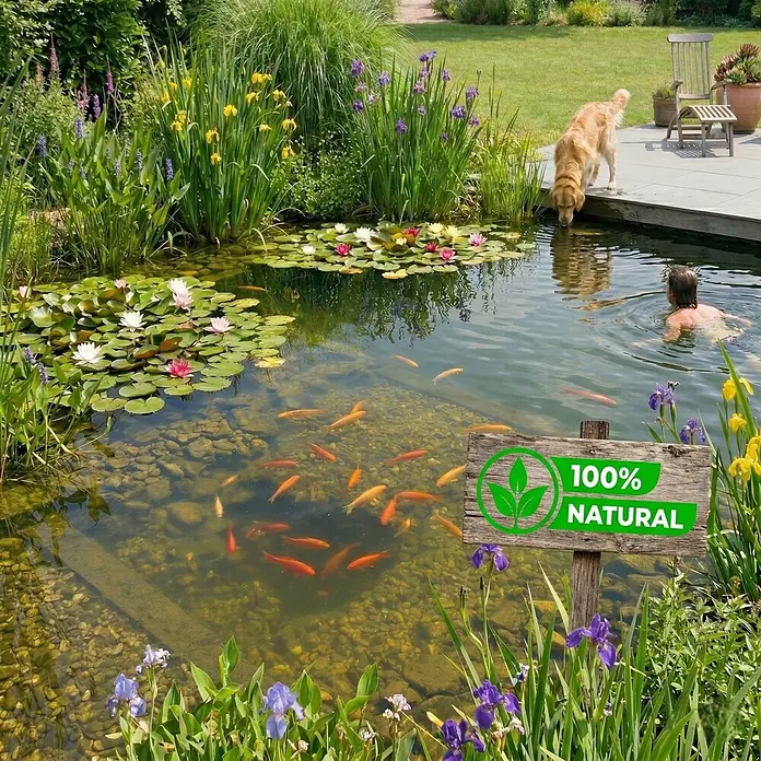 Vdvelde Wasserpflanzen-Mix - Pflanzenmischung, 4 Stk. - Ein Holzschild mit '100% NATURAL' Logo steht an einem Naturteich mit klarem Wasser, Fischen, Pflanzen, Schwimmern und einem Hund.