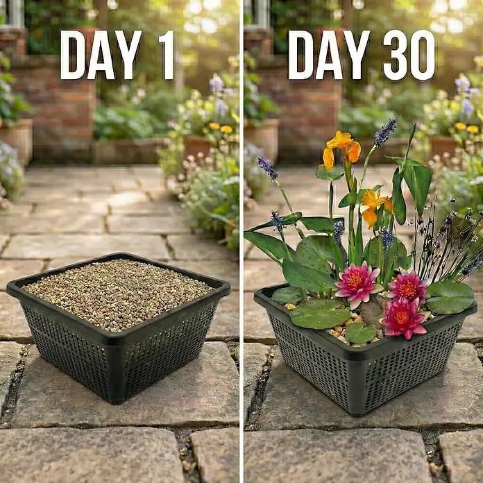 Vdvelde Wasserpflanzen-Mix - Pflanzenmischung, 4 Stk. - Schwarzer Kunststoff-Teichkorb, leer mit Kieselsteinen an Tag 1, dann blühend mit rosa Seerosen und Wasserpflanzen an Tag 30.