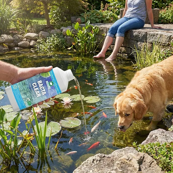 Vdvelde Wasserpflanzen-Mix - Pflanzenmischung, 43 Stk. - Person gießt BACTA CLEAR Teichbehandlung aus weißer Flasche mit blauem Etikett in Gartenteich mit Fischen und Hund.