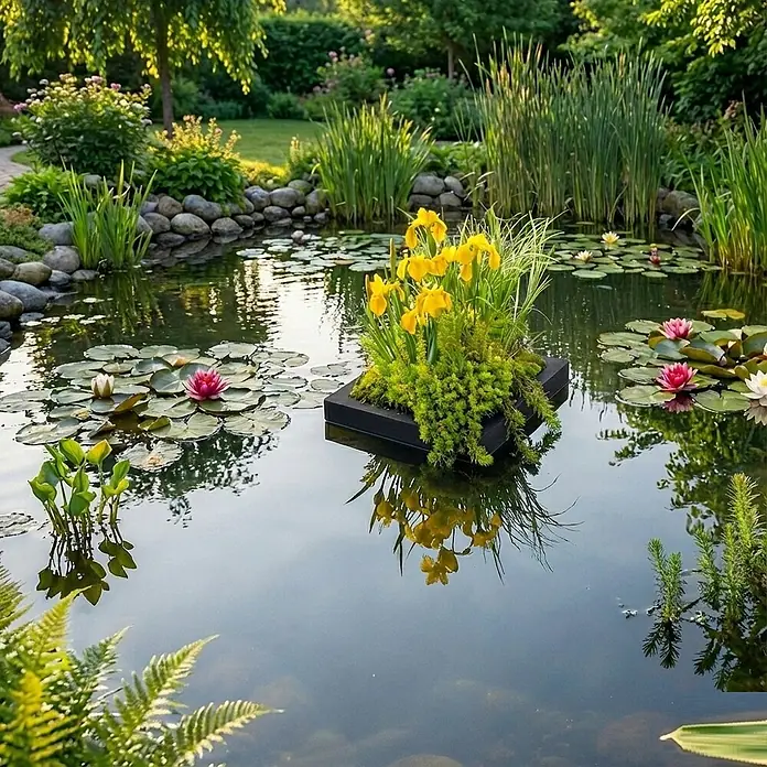 Vdvelde Wasserpflanzen-Mix - Pflanzenmischung, 9 Stk. - Schwarzer schwimmender Pflanzer mit gelben Iris und Grünpflanzen in einem Gartenteich.