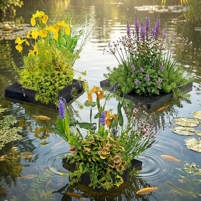 Teichpflanzen Überraschungsset - 12 Pflanzen inkl. Schwimminsel -  - Drei schwarze schwimmende Pflanzeninseln mit verschiedenen Pflanzen und Blumen in einem Teich mit Fischen und Seerosen.