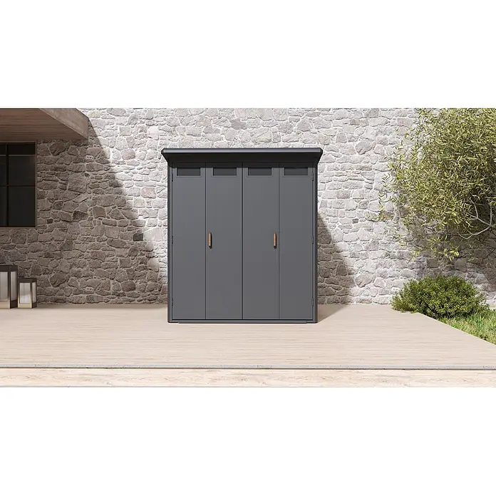 Mirador Gerätehaus Diamond - Außenmaß inkl. Dachüberstand (B x T): 214,4 x 229,9 cm, Stahl, Anthrazit - Dunkelgrauer Outdoor-Schrank mit vier Türen, kleinen oberen Fenstern und zwei Holzgriffen, auf einer hellen Holzterrasse.