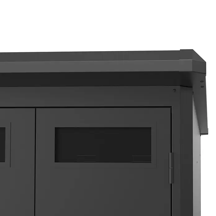 Mirador Gerätehaus Diamond - Außenmaß inkl. Dachüberstand (B x T): 214,4 x 229,9 cm, Stahl, Anthrazit - Dunkelgrauer Gartenschrank mit Flachdach und einer Tür mit rechteckigem Fenster; Scharnier sichtbar.