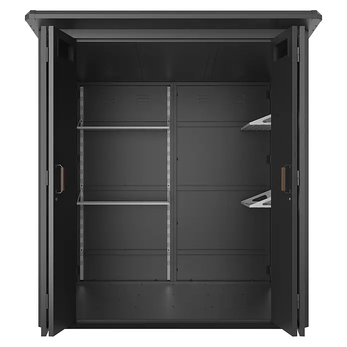 Mirador Gerätehaus Diamond - Außenmaß inkl. Dachüberstand (B x T): 214,4 x 229,9 cm, Stahl, Anthrazit - Offener dunkelgrauer Mehrzweckschrank mit verstellbaren Regalen und Haken.