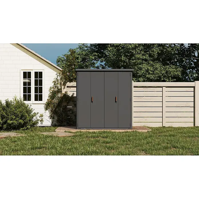 Mirador Geräteschrank Diamond - Außenmaß inkl. Dachüberstand (B x T): 208,5 x 104,6 cm, Stahl, Anthrazit - Dunkelgrauer Outdoor-Lagerschuppen mit Holzgriffen.